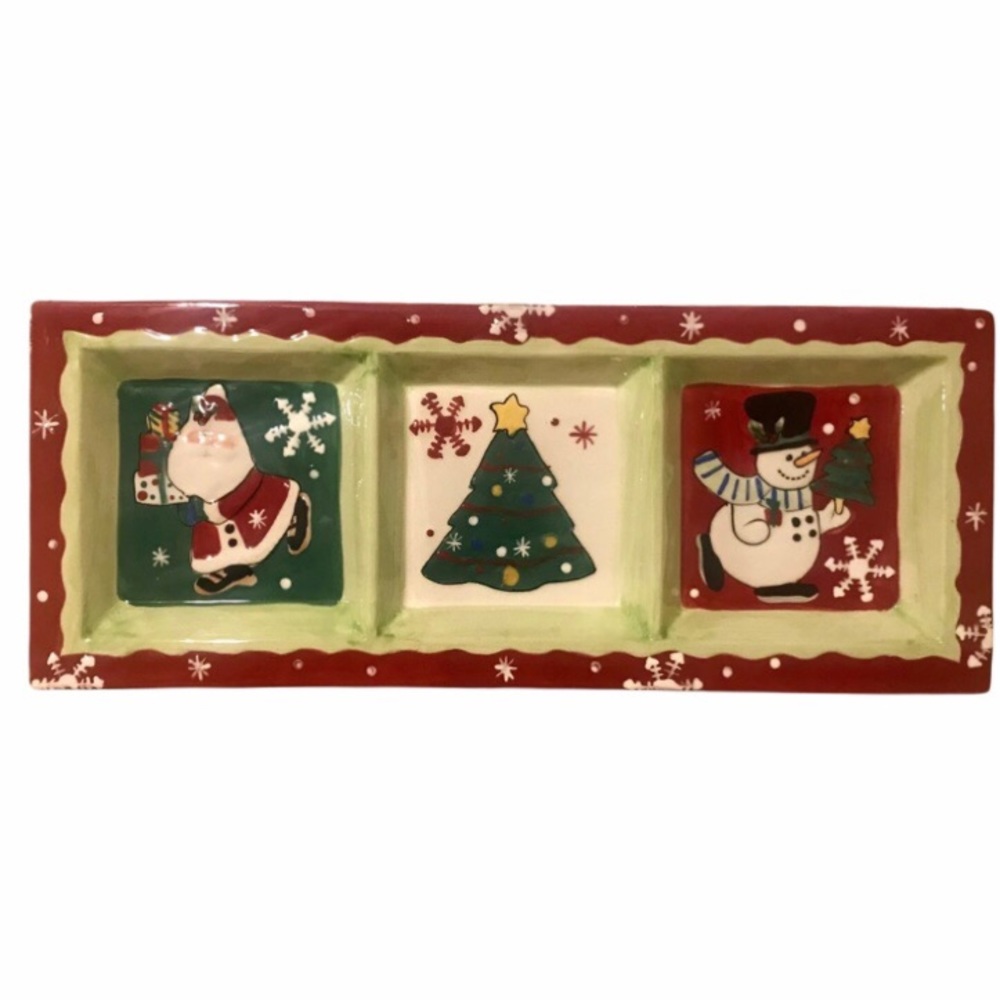 FITZ AND FLOYD Merry & Bright Three Section Server Santa Snowman Christmas Tree